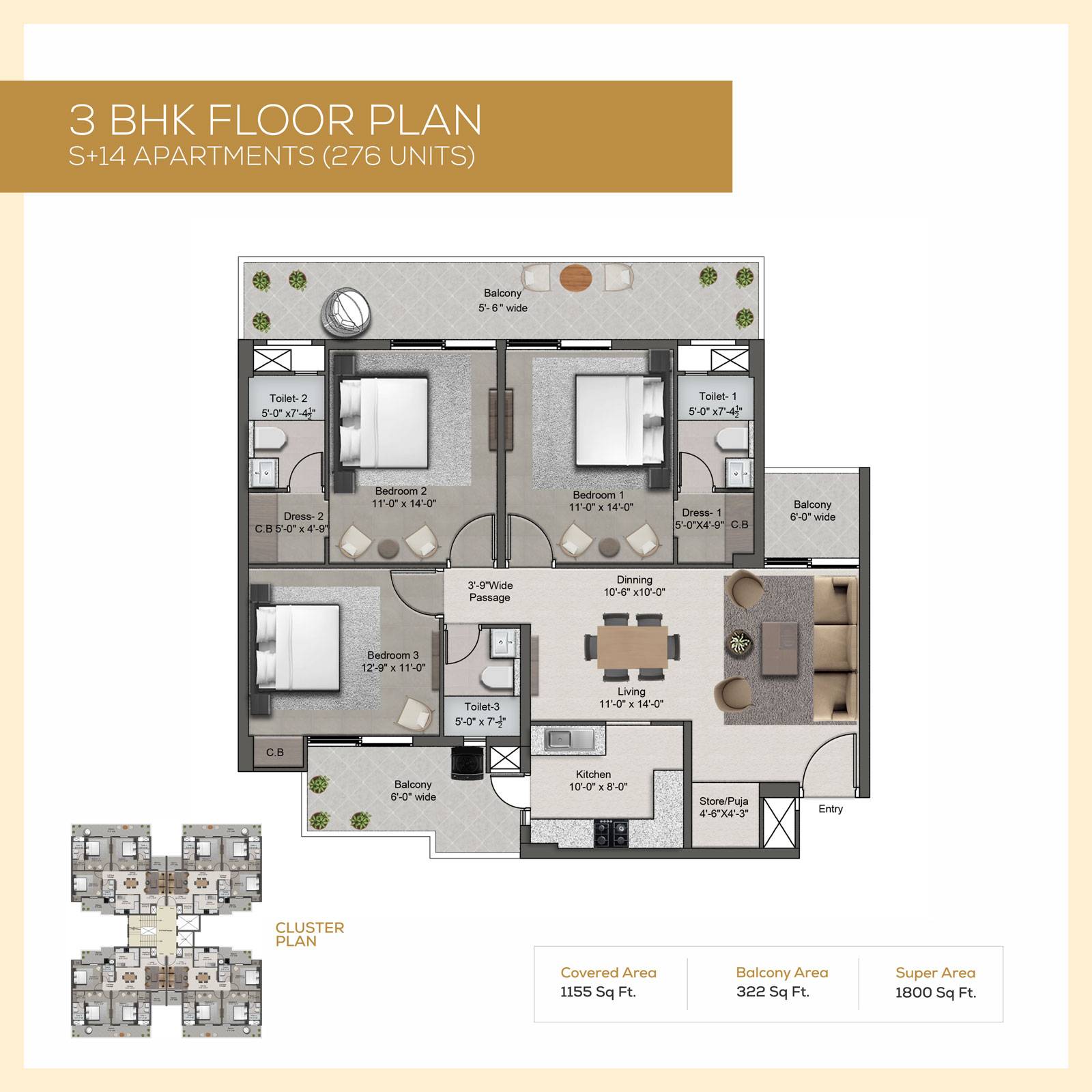 3 BHK layout option 1